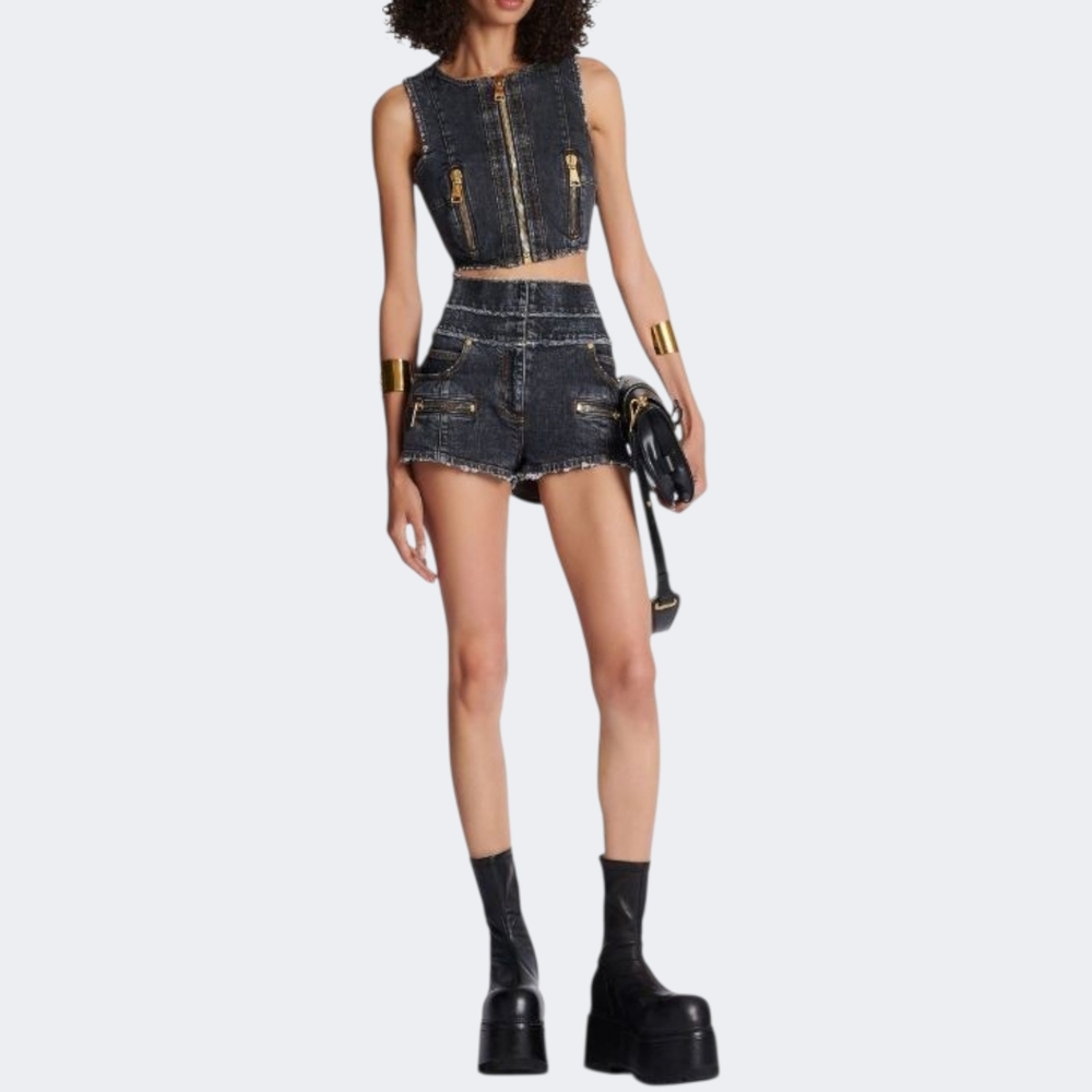 Balmain Paris Midnight Blue Dark Wash Moto Denim Shorts!